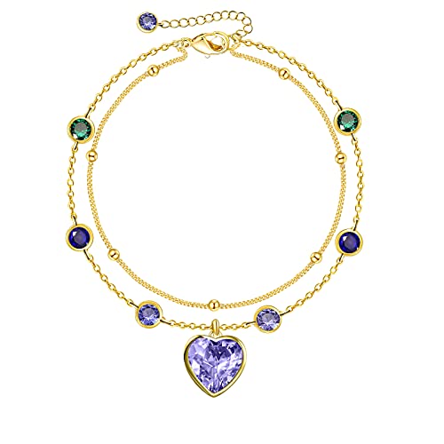 G&Gemsjew Purple Heart Anklet For Women, 14K Gold Plated Layered Anklet Gold Beaded Chain Ankle Bracelet For Women, Layering Multi-Color Rhinestone Cubic Zirconia Summer Beach Foot Chain Dainty Ankle Jewelry Gifts Handmade #TOP15