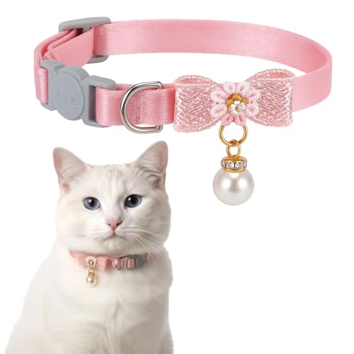 LXUEJIE Collier pour chat réglable rose avec pendentif en perle, collier mignon pour chat avec boucle de sécurité et nœud papillon rose pour chaton
