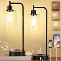 Industrial Touch Table Lamps Set of 2-3-Way Dimmable Bedside Lamps with USB C+A Ports and Outlet,Black Nightstand Lamps for Living Room,Glass Shade & 2 LED Bulbs Included