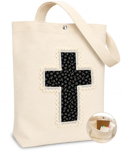 Image of Christian Tote Bag Gift for Women, Canvas Bible Bag Handmade Floral Cross | Christian faith-inspired gift, handcrafted cross with lace, inner pocket, snap closure, bottom gusset, church Bible study use