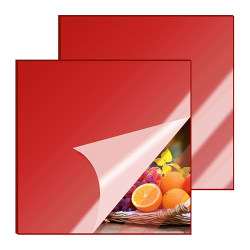 Image of 2 Pcs 8 x8 Inch Red Acrylic Mirror Sheet, 1 /8 Inch Thick Opaque Glossy Mirror, Plexiglass Mirror Sheets with Protective Film, Rigid Mirror Acrylic Sheets for Sawing, DIY, Laser Cutting and Engraving