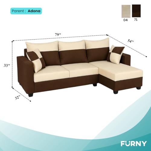Image of FURNY Arissa 4 Seater Fabric RHS L Shape Sofa Set with Exta Cushions (Cream-Dark Brown) Premium Velvet Finish| Durable Comfort Ideal for Living Room