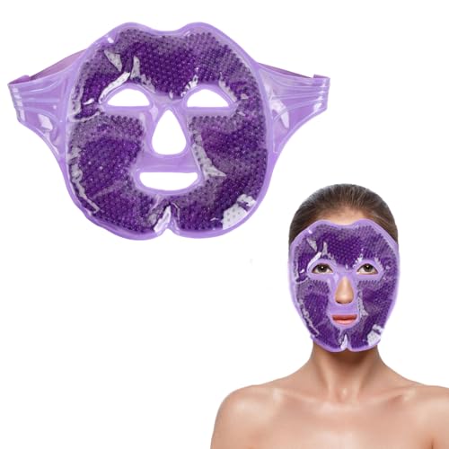 Máscara Gel Rrio, Reutilizable Máscara Fría, Mascarilla Refrescante para Ojos, Antifaz Gel Frío y Calor con Banda Elástica para Ojeras, Migraña, Hinchazón Facial y Ojos Secos (Morado)
