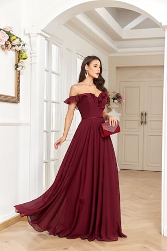 Off The Shoulder Bridesmaid Dresses for Wedding Ruffle Chiffon A Line Formal Evening Gown Long Prom Dress4