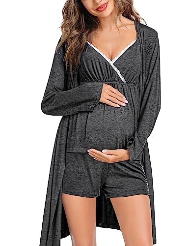 Image of SWOMOG Womens Maternity Robe Set 3 Piece Nursing Pajamas for Breastfeeding 3 in 1 Labor Delivery Hospital Pregnancy Pjs Grey