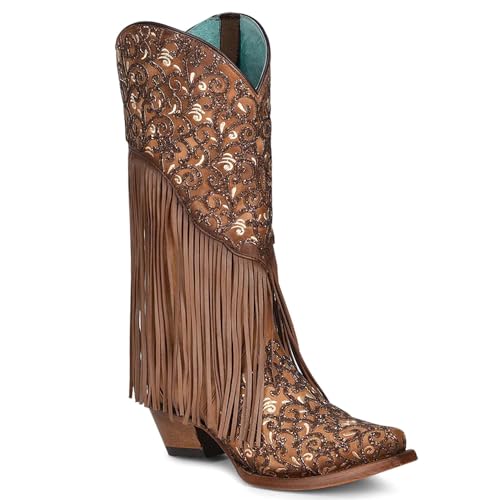 CORRAL LADIE'S HONEY LAMB OVERLAY & EMBROIDERY & FRINGES, SNIP TOE, LEATHER SOLE, WESTERN, C38762