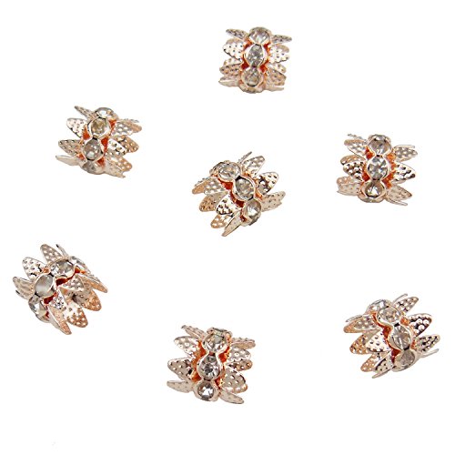 COIRIS 30PCS 10mm Rose Gold Double Beads Caps with Rhinestone Filigree Flower Cup for Jewelry Making DIY (HT-1000-4)