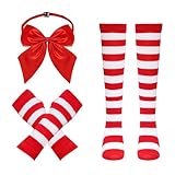 Gvhntk Striped Knee Calf High Socks Fingerless Gloves Red and White Socks Bow Calf High Stockings Long Tube Socks Women Long Arm Warmers Striped Gloves for Party Decor Supplies