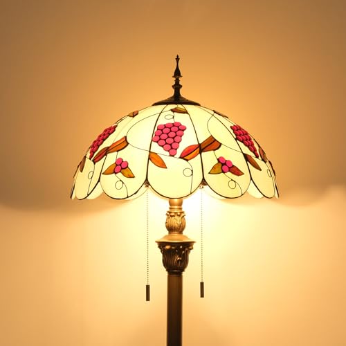 Image of Tiffany Style Floor Lamp, 16 inch Stained Glass Grapes Flower Floral Shade with Antique Bronze Base, 2-Light E26 Pull Chain Standing Reading Light for Living Room, Bedroom, 16x16x64 Inches