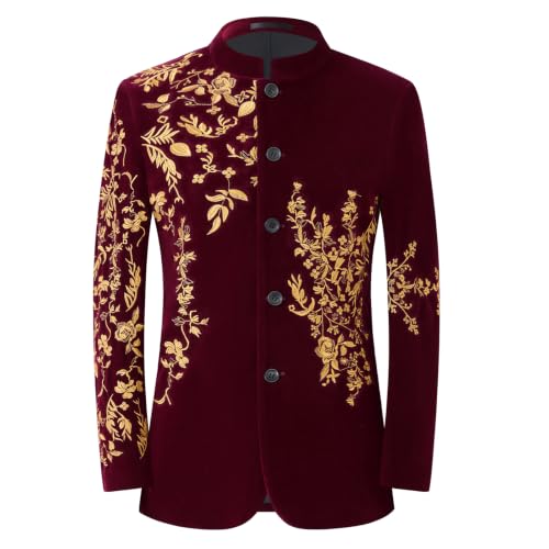 DAMANGUAN Men's Black Velvet Blazer with Gold Floral Embroidery, Slim Fit Suit Jacket for Wedding, Party, Banquet, Prom (US, Alpha, Large, Regular, Regular, Red Yellow) - image 1