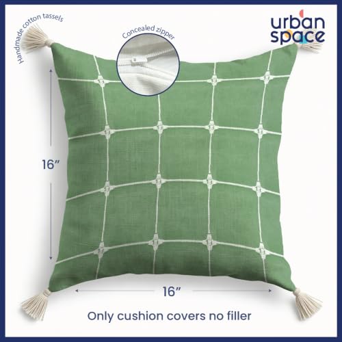 Image of Urban Space Decorative Cotton Cushion Cover Set of 3, 16 Inch X 16 Inch Cushion Covers for Sofa, Bedroom, Living Room (Aster Pink + Aura Checks sage Green with White Tassel, 40Cm X 40Cm, Set of 3)