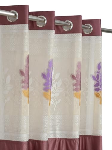 Image of LaVichitra 1 Piece Semi Sheer Floral Net Curtain - 9 X 4 Feet, Long Door Curtains, Burgundy