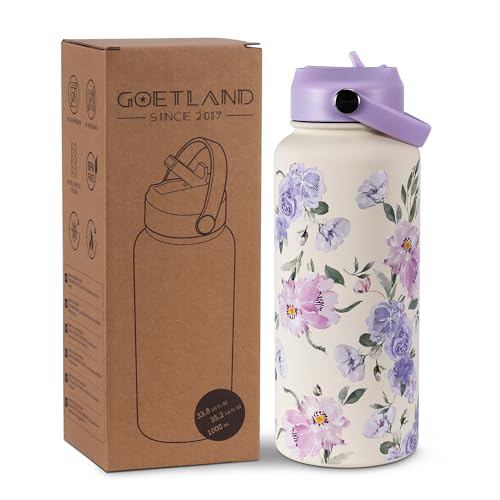 Goetland Flowers Water Bottle Beverage Bottle with Straw Lid 32 oz Stainless Steel Wide Mouth Vacuum Insulated Cute UV Printing Leak Proof For Women Girls Kids Mauve