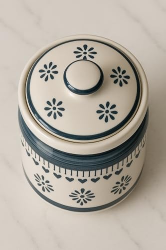 Image of Ceramic Storage Jar with Lid, Blue and White Floral Pattern, Traditional Handcrafted Kitchen Container for Pickles, Spices, Sugar, 1000 ML Capacity