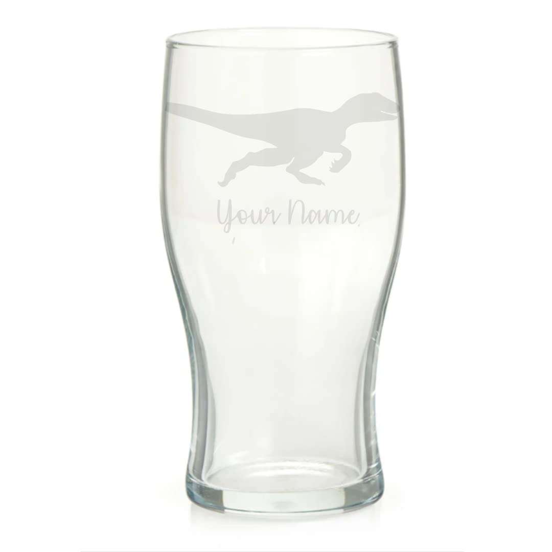 Personalised Velociraptor Engraved Pint Glass, Custom Dinosaur Gift, Gift for Women, Gift for Men