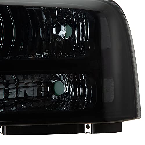 Image of GRAND ORANGE Headlights Assembly Compatible with 2005-2007 Ford F250 F350 F450 F550 Super Duty /Fit 2005 Ford Excursion Headlamp Driver & Passenger Side Smoke lens Black Houing Clear Reflector