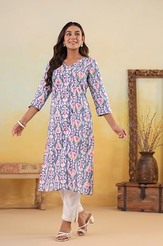 Image of Ichaa Women's Cotton Kurta | Printed Straight Kurta | V-Neck, 3 /4th Sleeve, Ethnic Wear
