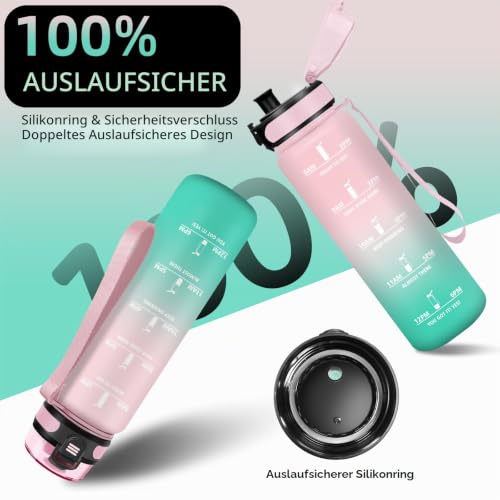 Grsta Trinkflasche 1l, Trinkflasche Sport, Trinkflasch mit Zeitmarkierung, Kann mit Dir Tragen, Trinkflasch Auslaufsicher… – Ansicht 5