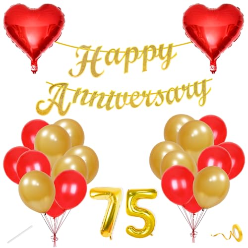 Image of Flyloons 75th Happy Anniversary Decoration Items Red Gold for Men Women Husband Wife Mom Dad Couple Bedroom Car With 20 Pcs Metallic Balloons Anniversary Banner 2 Pcs Heart Set Kit Diamond Jubilee