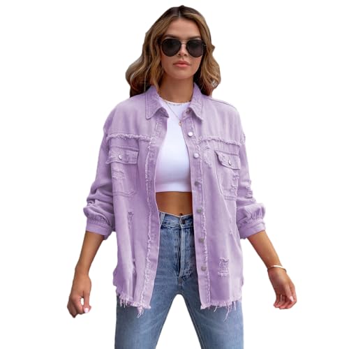 amropi Veste en Jean pour Femmes Chemisier en Denim Léger Blouson Ourlet Effiloché Jacket Violet Clair, S