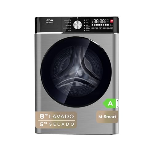 EVVO Lavadora-Secadora Nature M8/5X Inox, 8 kg + 5 kg, 1400 rpm, Motor BLDC Inverter, Steam Wash, M-Smart One-Touch, Lavado Rápido 15’, Fin Retardado 24h, 16 Programas, Libre Instalación