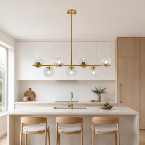Image of KCO MCM 7-Light Brass Gold Linear Sputnik Chandelier with Clear Glass Shade
