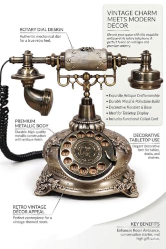 Image of Dratal Imitation Copper Vintage Style Rotary Retro Old Fashioned Rotary Dial Home and Office Telephone Functional Antique Style Telephone-Bronze (DR-01)