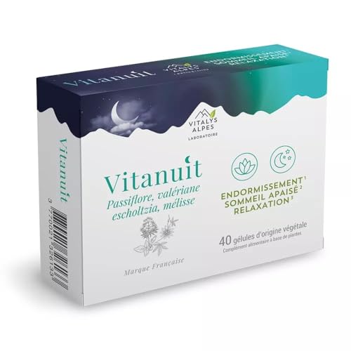 Vitanuit - 40 gélules - Passiflore, Valériane, Mélisse, Mélatonine - Retrouver un sommeil de qualité ! Cure de 20 jours - Vitalys Alpes