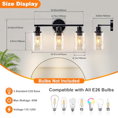 Image of DLLT 3-Light Bathroom Light Fixtures: Set of 2 Black Modern Vanity Lights with Clear Glass Shade - 18.51 inch Bathroom Wall Lamp for Mirror Kitchen Living Room