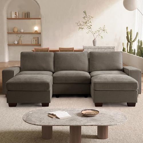 Image of TEKAMON 100 inch Modular Sectional Sofa with Seats Storage, U Shaped Couch with Movable Ottomans, Chenille Fabric Couch for Living Room, USB Port, Removable Cover(Brown, 3 Seater & 2 Ottomans- U Shape)