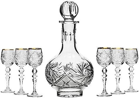 Neman Decantador de cristal de 16 onzas y vasos de chupito de 2 onzas, jarra con tapón y 6 vasos de licor de vodka con tallo, 7 unidades