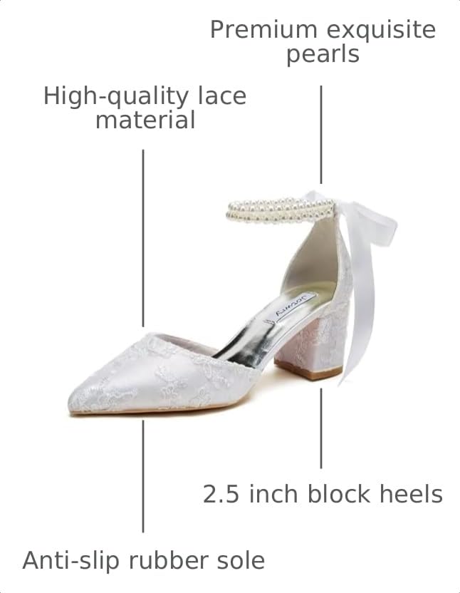 Image of Block Heel Wedding Shoes for Bride Pointed Toe Pearl Wedding Heels Bridal Shoes
