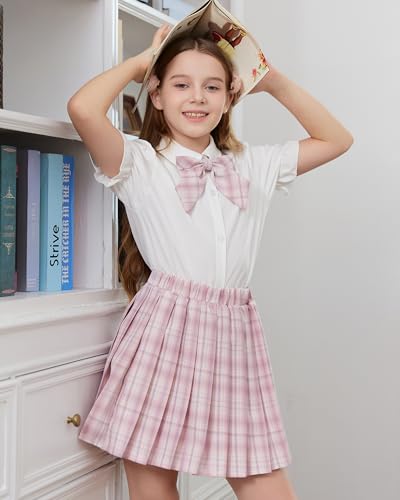 Image of Betusline Girls Skirt Set JK School Uniform 2-Piece Outfit - Short Sleeve Shirt with Bow & Pleated Skirt 4T-14Y
