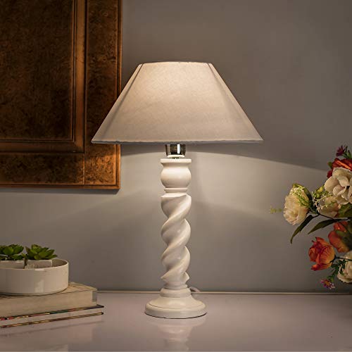 Image of Homesake Classic Twister Wooden Table Lamp with Fabric Shade | Handcrafted Bedside Lamp with E27 Holder| Bulb Included |Warm Light Night Lamp for Bedroom, Living Room, Study & Home Decor, White