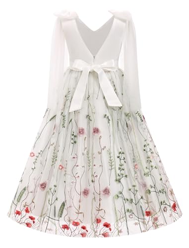 Vestido largo para niña de flores, vestido formal de dama de honor, falda de tul bordada floral, vestido de princesa para concurso de primera comunión, Blanco, 13-14 años