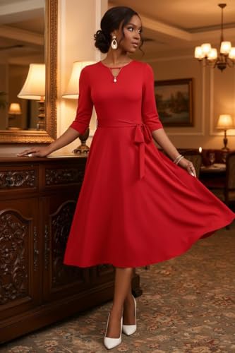 Image of CLOCOR Midi Dresses for Women Casual A-Line Fit and Flare Dress Crewneck 3 /4 Sleeve Keyhole Cocktail Party Church Dress