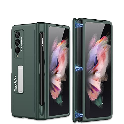 for Samsung Galaxy Z Fold 3 5G Hinge Case,Z Fold 3 Case with S Pen Slot,Ultra Thin PC Silicone 360-degree All-Inclusive Hinge Folding Automatic Recovery Magnetic Suction Bracket Cover (Green)