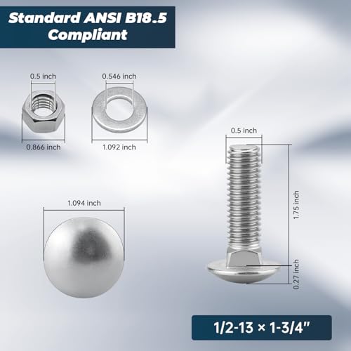 Image of 1 /2-13 x 1-3 /4 Inch Carriage Bolt Kit, 304 Stainless Steel (18-8) with Hex Nuts & Flat Washers - 6 Sets, Round Head Square Neck, Full Thread Coverage by Glvaner