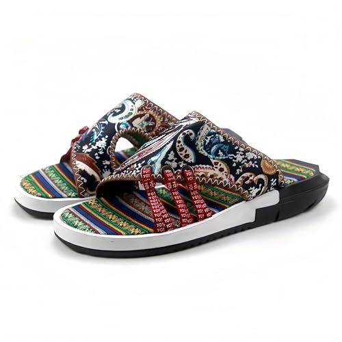 Men's retro-style summer sandals, featuring stripe and polka dot designs, lace-up canvas flat rubber soles, suitable for casual outdoor wear.