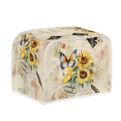 Image of Toaster Dust Cover 2 Slice, Microwave Toaster Oven Grill Stain Resistant Dustproof Kitchen Small Appliance Cover with Top Handle for Kitchen, Butterfly Sunflower Retro