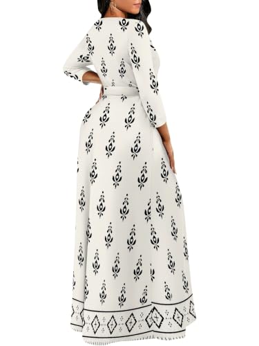 Image of Women Plus Size Long Sleeve V Neck Maxi Dress with Belt | Soft fabric relaxed fit three quarter sleeve v neck with pockets for party and daily wear