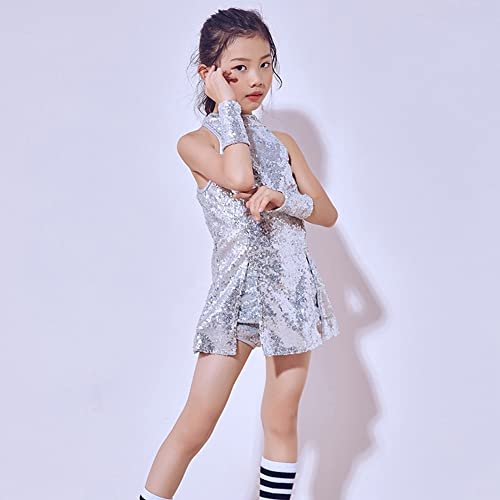 Lolanta Girls Sequins Dance Dress Sparkle Hip Hop Jazz Dance Outfits Sleeveless Top And Shorts (Silver, 8-9Years) #TOP1