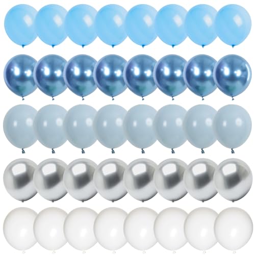 60 Pcs Baby Blue and Silver Balloons, 12 Inch Light Blue Dusty Pale Blue White Latex Balloons with Chrome Metallic Silver Party Balloons for Boys Baby Shower Baptism Winter Birthday Party Decorations