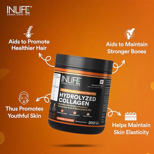 Image of INLIFE Japanese Hydrolyzed Collagen Peptides Powder Clinically Proven Ingredient, Type 1 & 3, Health Supplement for Men & Women (200g Orange)