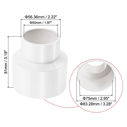 PATIKIL PVC Reducer Pipe Fitting 75mm to 50mm ID, 2 Pack Straight Coupling Adapter Connector, White - Image 2