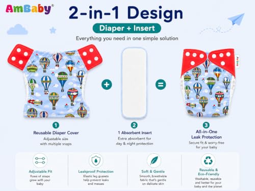 Image of Ambaby Pack of 4 Premium Pocket Cloth Diapers with 2 Diaper Covers & 2 High-Absorbency 4Layer Insert Pads. Leak-Proof, Adjustable, Breathable, Reusable & Washable. Fits Babies 3 Months-3 Years(3-18kg)