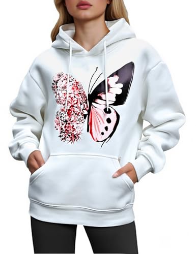 CMTOP Sudaderas Mujer con Capucha Casual Estampada Hoodie Cálido Polar Pullover Suelta y Cómoda Sweatshirt Moda Otoño e Invierno Camisetas con Bolsillo(C-Blanco, L)