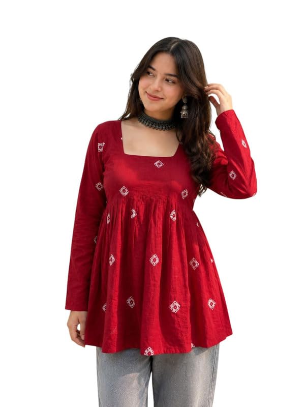 Ganga Clothing Women's Printed Tunic Maroon Top, Square Neck, Full Sleeves, Flared Hem, Ethnic Style-picture-37