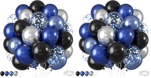 Image of Blue and Black Balloons,50PCS 12 Inch Royal Blue Black and Silver Confetti Balloons with Ribbon,for Boys Birthday Baby Shower Graduate Blue and Black Party Decoration (Pack of 2)