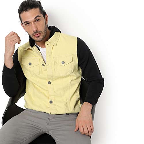 Image of Campus Sutra Men's Light-Washed Yellow & Black Regular Fit Denim Jacket For Winter Wear | Hooded Collar | Full Sleeve | Buttoned | Casual Denim Jacket For Man | Western Stylish Denim Jacket For Men